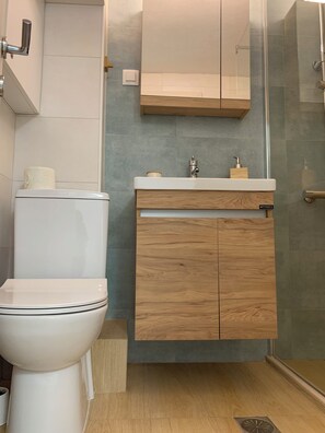Shower, hair dryer, towels, soap