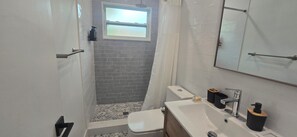 Shower, towels, soap, toilet paper