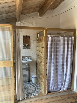 Shower, towels, toilet paper