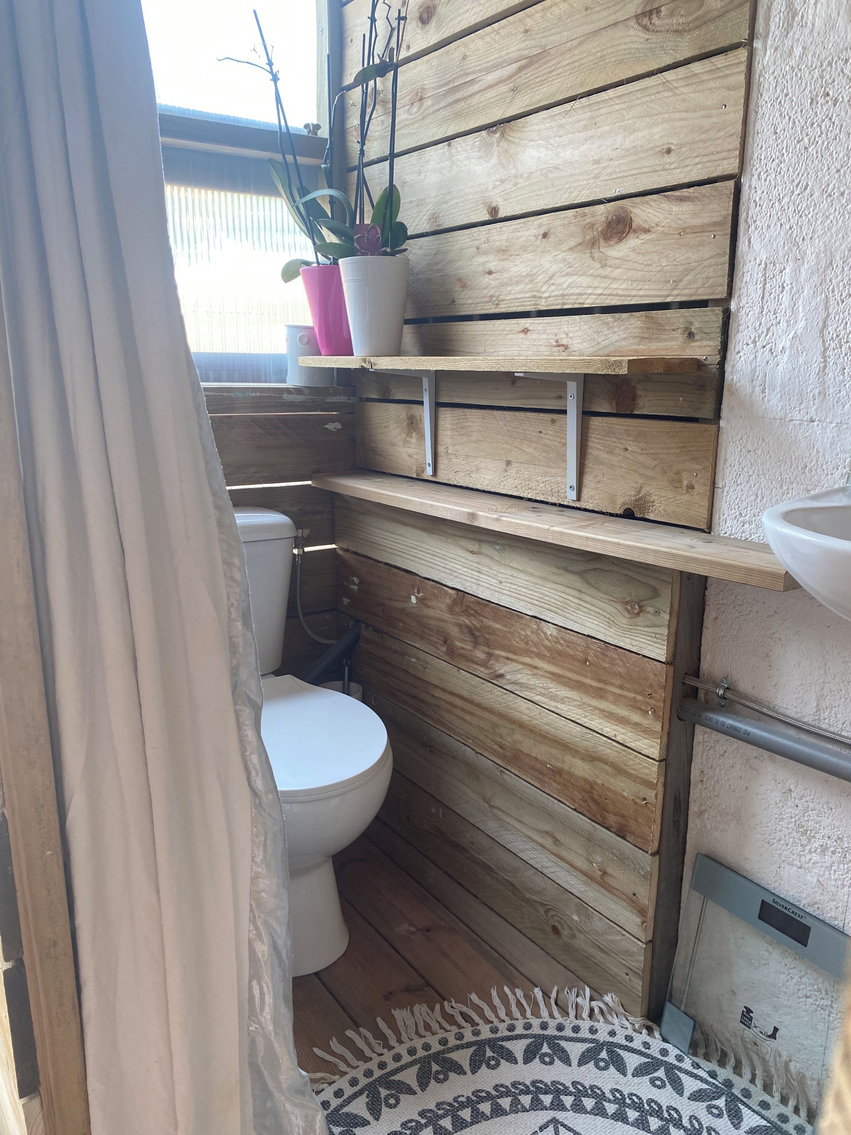 Ein kleines Badezimmer mit einer Holzvertäfelung, einer Toilette, einem Waschbecken und einem Regal mit einer Topfpflanze.