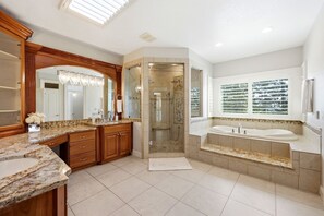 Shower, jetted bath, hair dryer, towels