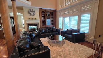 Smart TV, fireplace, DVD player, books