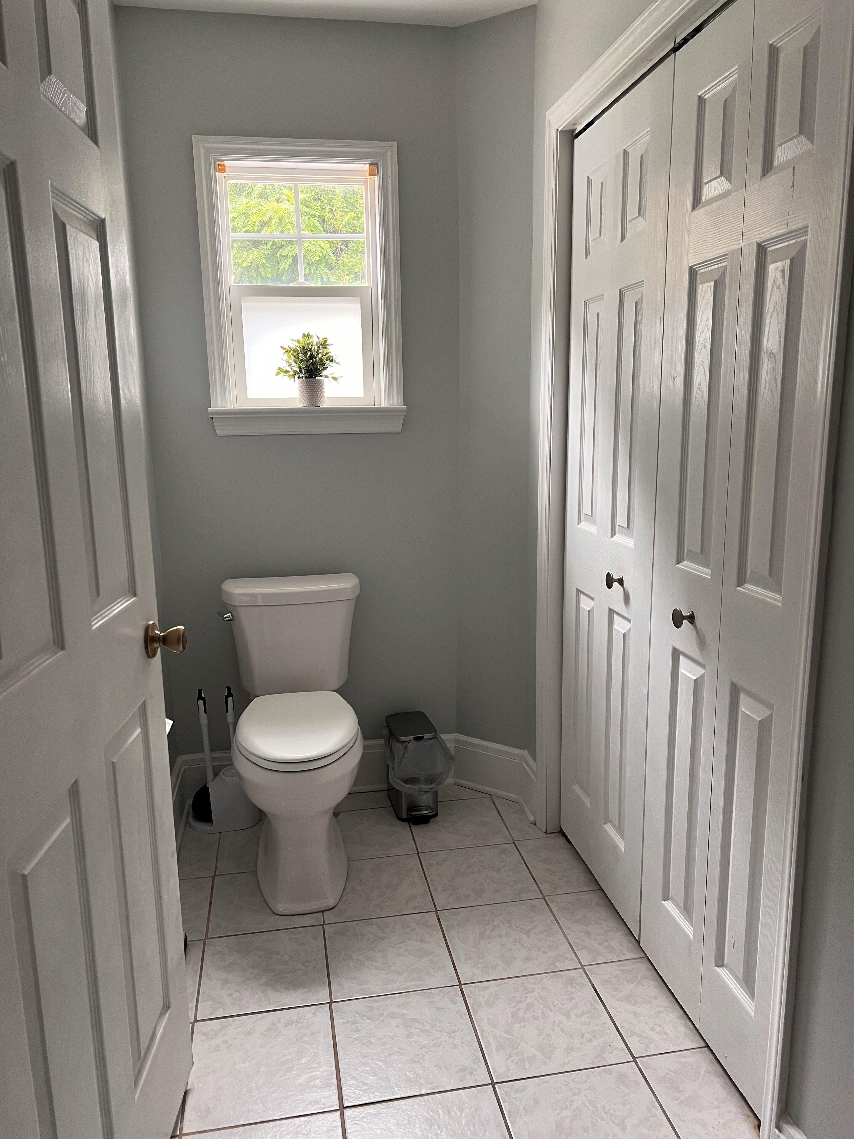 A bathroom with a toilet, a window with a plant, and a trash bin.