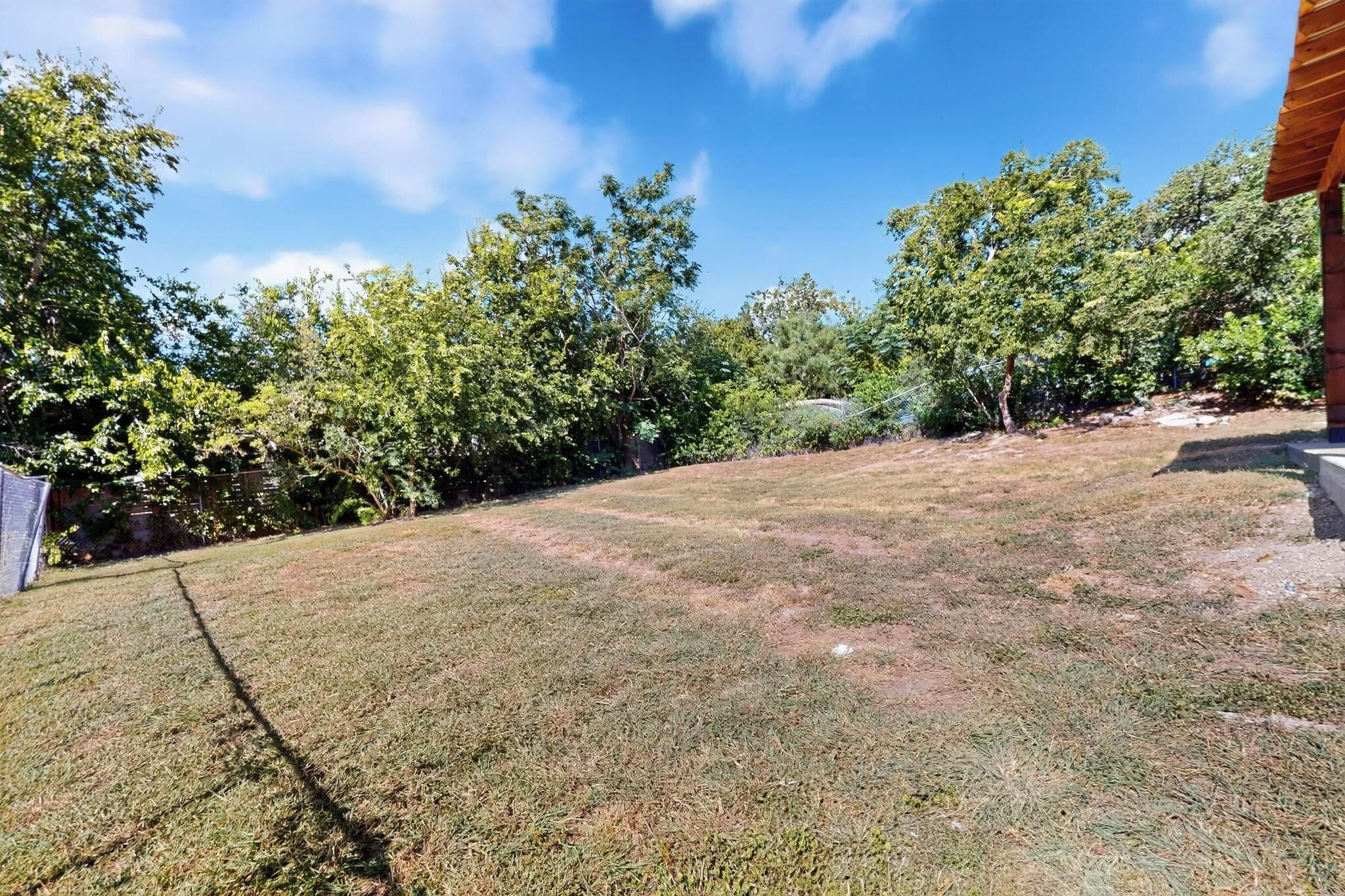 A grassy backyard with trees and a wooden structure.