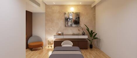 A modern bedroom with a bed, a bedside table, a chair, a plant, and a wall-mounted shelf.