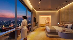 Une chambre d’hôtel moderne dotée d’une grande fenêtre, d’un lit, d’un coin salon et d’une salle de bain.