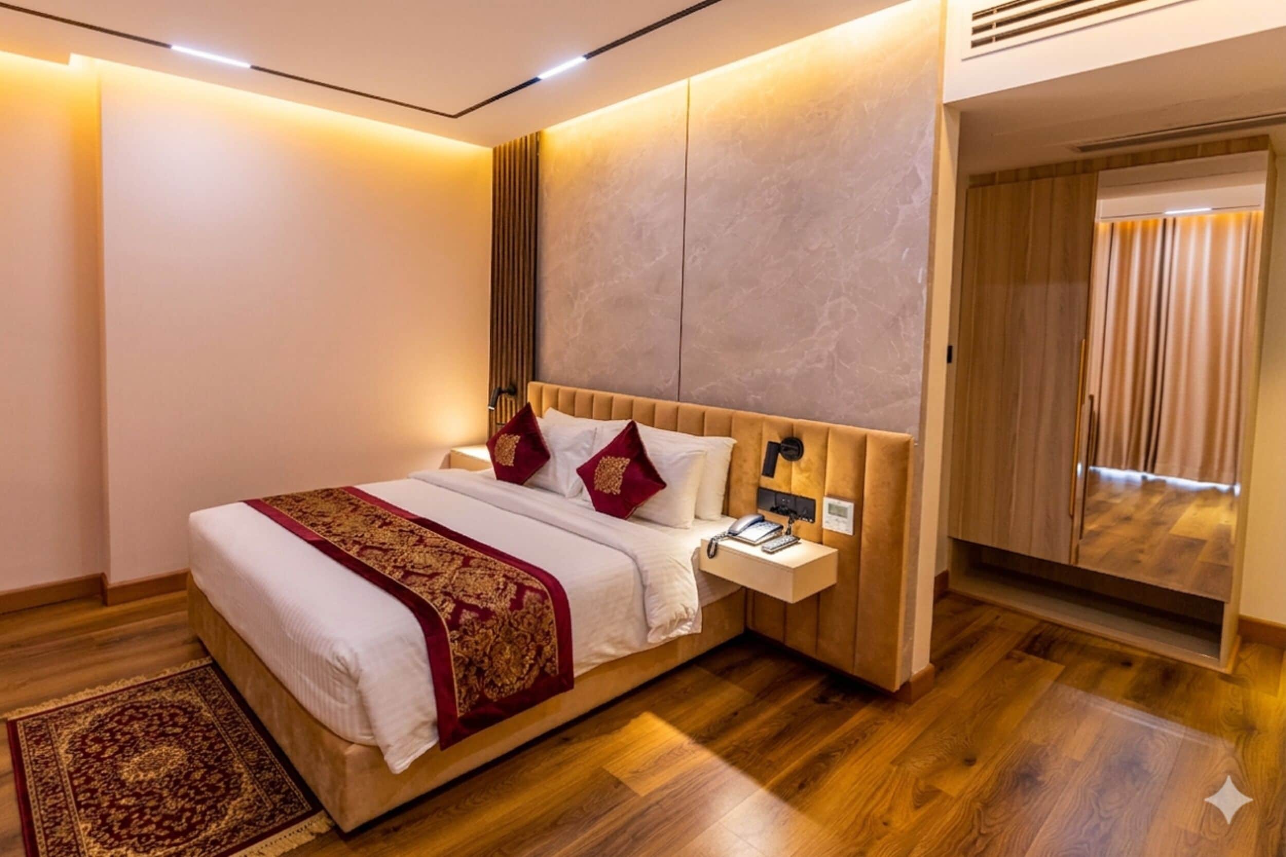 A modern hotel room with a large bed, wooden flooring, a nightstand, and a built-in wardrobe.