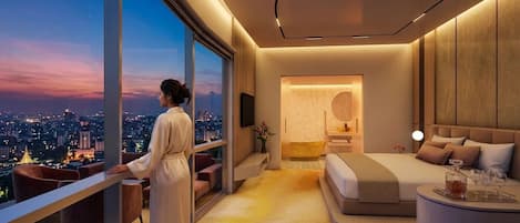 Suite exclusiva, 1 habitación, vista a la ciudad, en el área del patio | Minibar, caja de seguridad en la habitación y escritorio