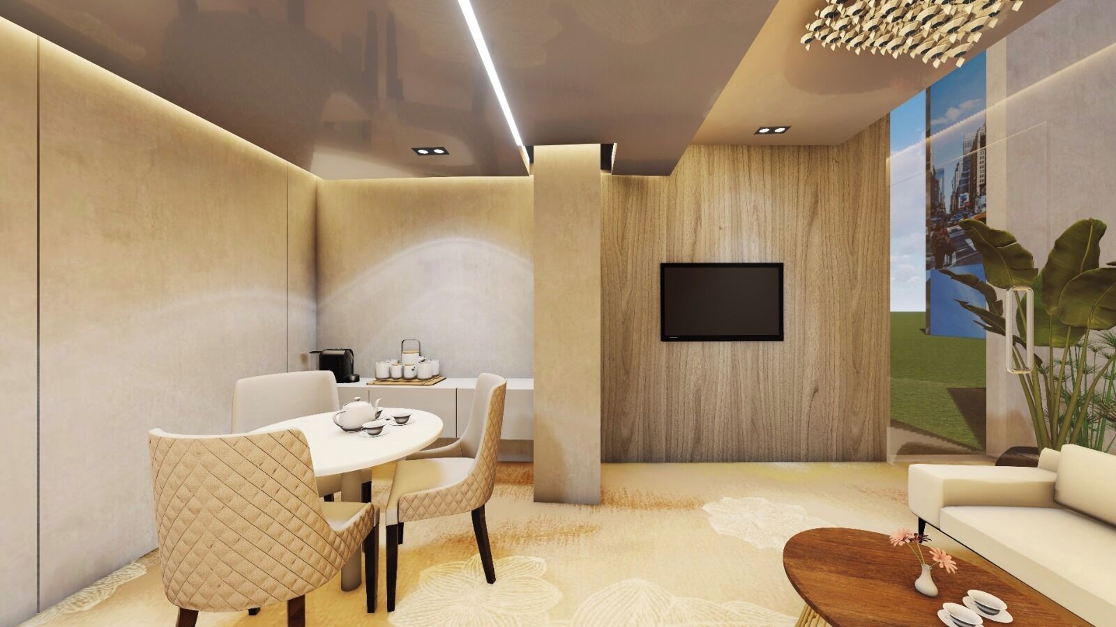 Een moderne woonkamer met een eethoek, een flatscreen televisie bevestigd aan een houten wand, en een groot raam met uitzicht op de stad.