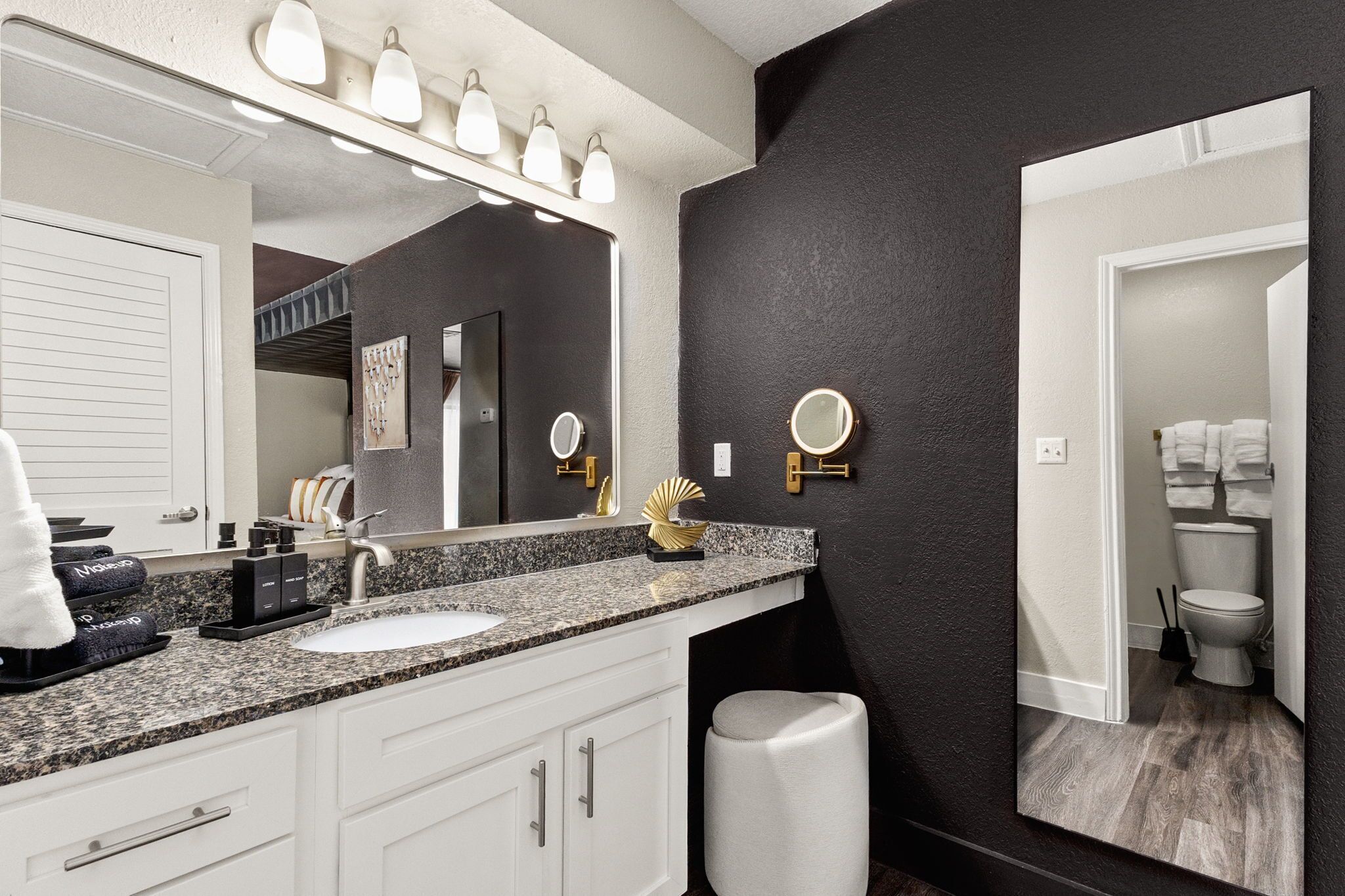 Hair dryer, towels, soap, toilet paper