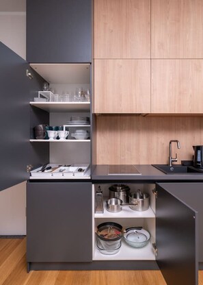 Fridge, microwave, stovetop, cookware/dishes/utensils