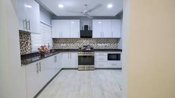 Fridge, microwave, stovetop, electric kettle
