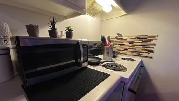 Una cocina con microondas, estufa y encimera. Hay plantas en macetas sobre la encimera y un recipiente para utensilios.