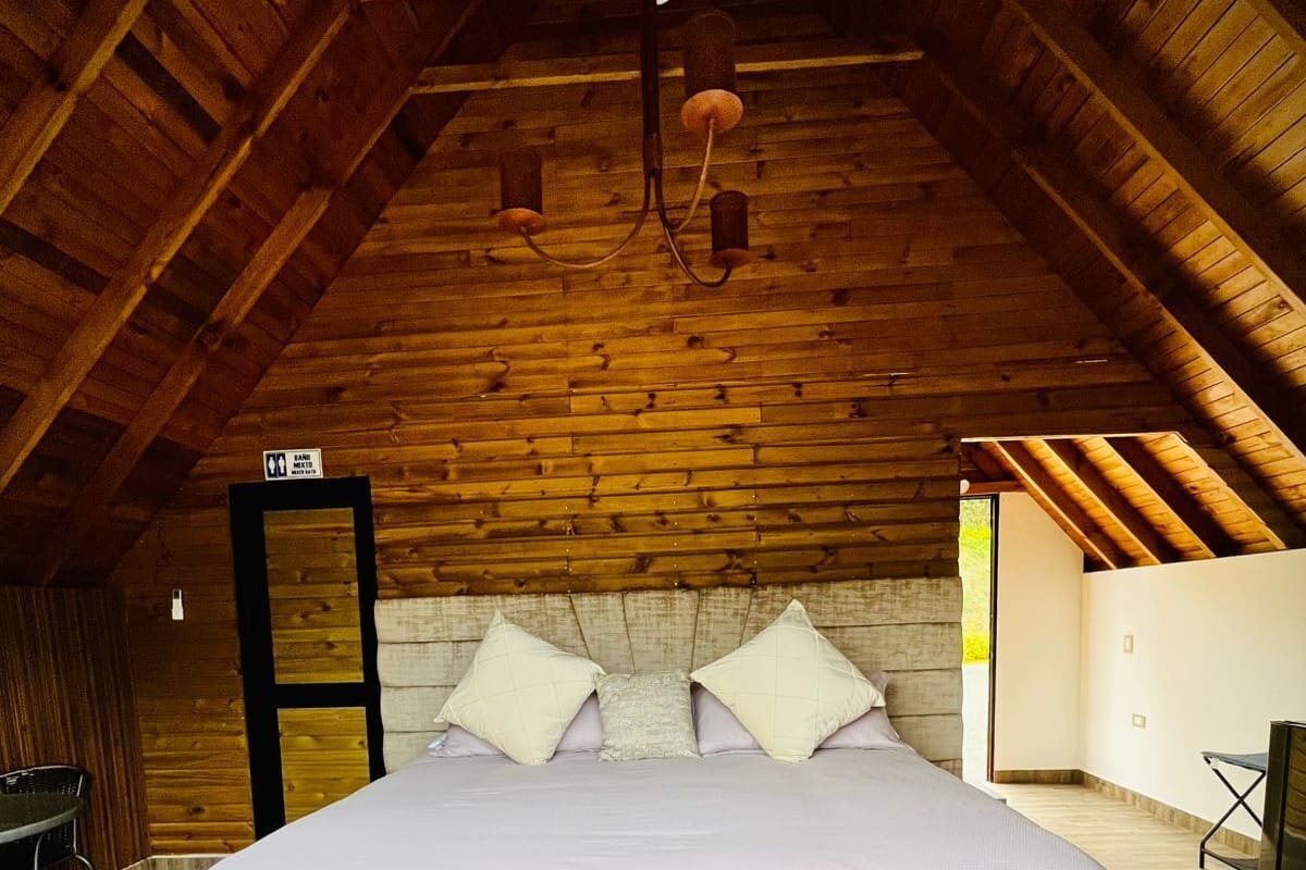 A spacious attic bedroom with a large bed, wooden beams, and a view of the outside.