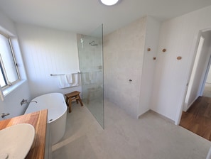 Shower, hair dryer, towels, soap