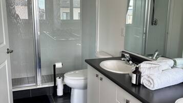 Hair dryer, towels, toilet paper