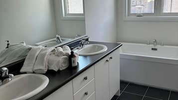 Hair dryer, towels, toilet paper
