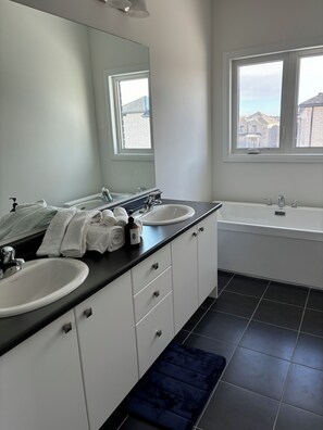 Hair dryer, towels, toilet paper