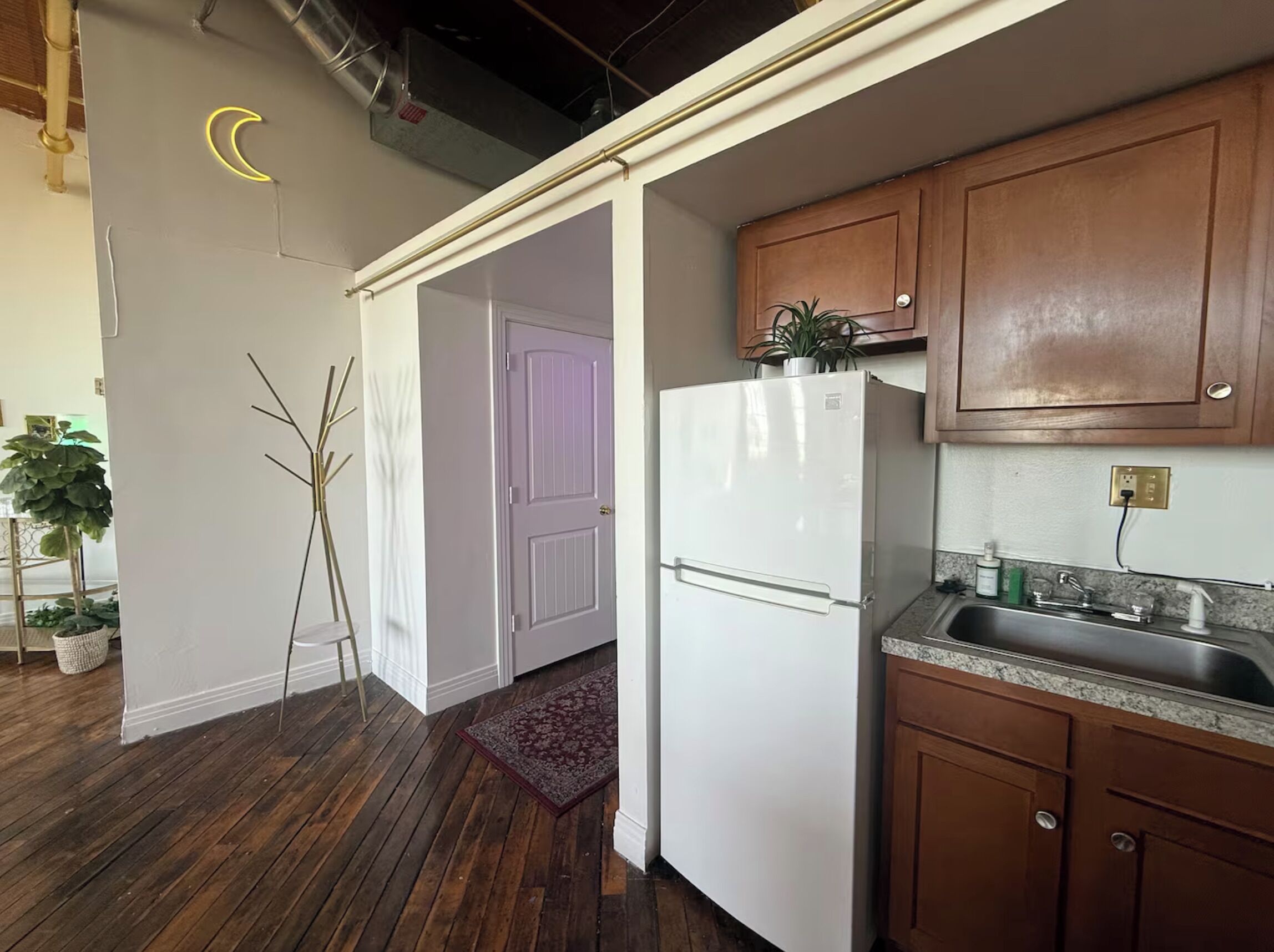 A kitchen with wooden cabinets, a white refrigerator, a sink, and a potted plant.