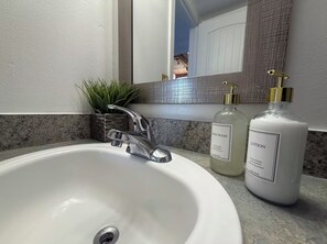 Hair dryer, soap, toilet paper