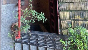 A narrow, enclosed stairway with a red handrail leading to a door. - Phuong Maison d'Art (Hanoi)