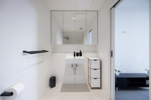 Shower, hair dryer, towels, shampoo