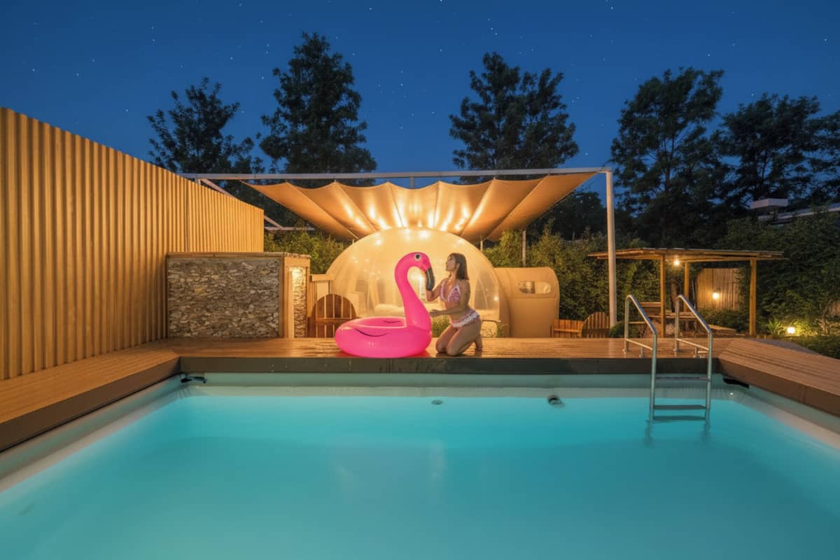 A swimming pool with a clear view of the water, a pink flamingo float, and a person in swimwear.