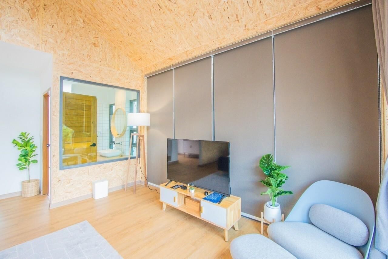 A modern living room with a large flat-screen TV on a wooden stand, a sofa, a small table with a lamp, and two potted plants.