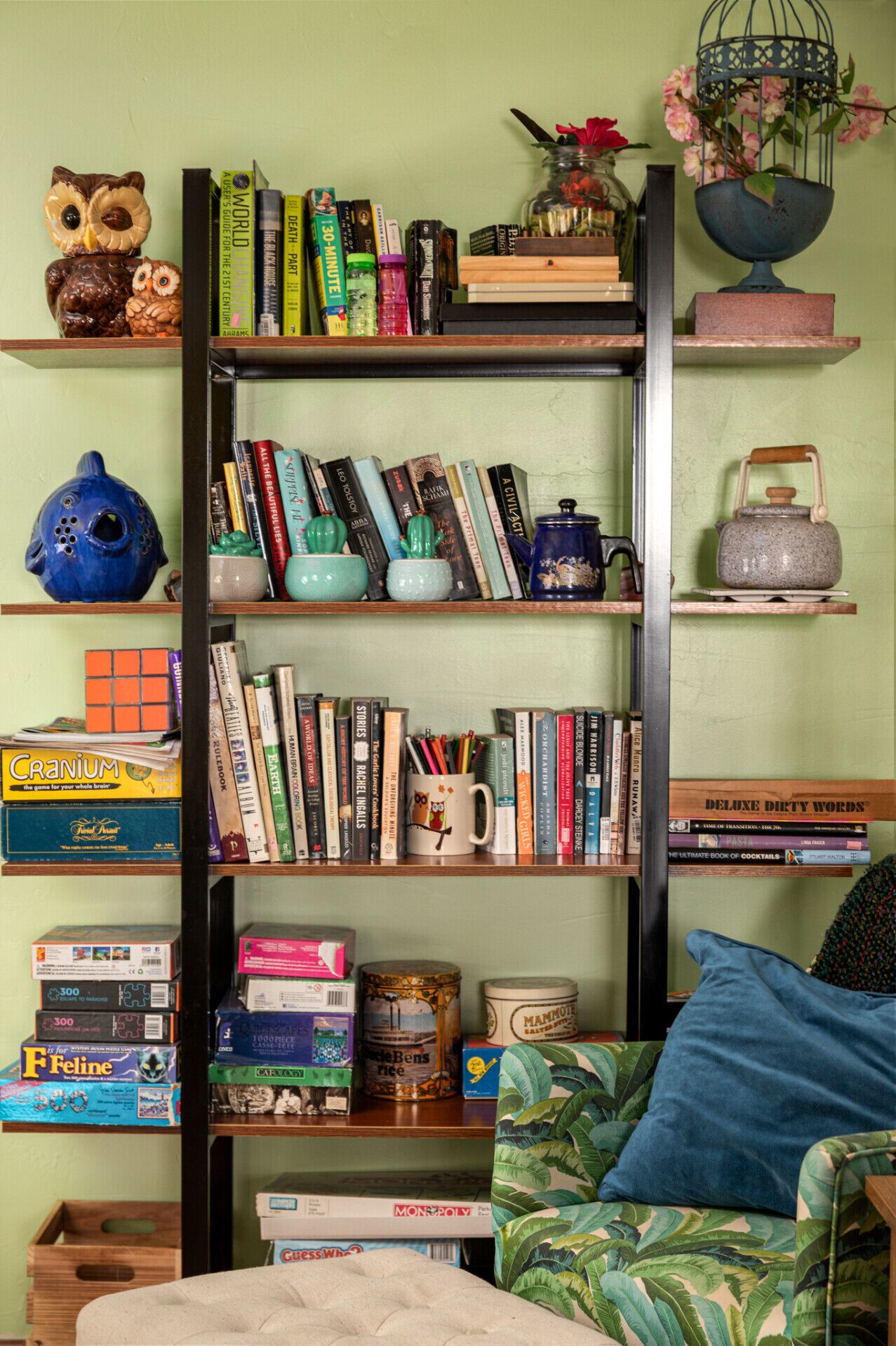 Une pièce chaleureuse avec une bibliothèque remplie de livres, un Rubik's Cube et divers objets décoratifs.