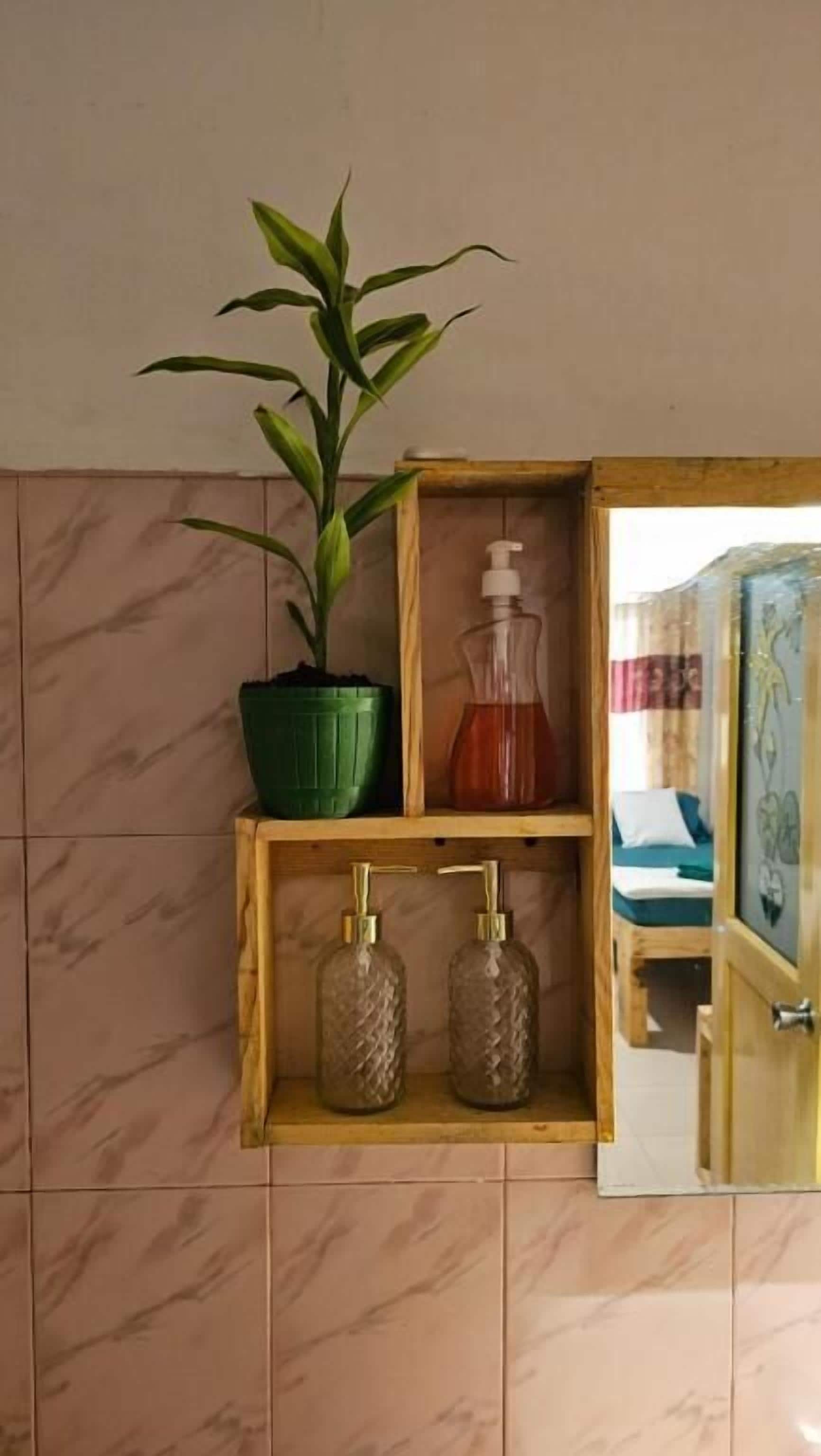 A bathroom with a wooden shelf holding a potted plant, a soap dispenser, and two glass bottles.