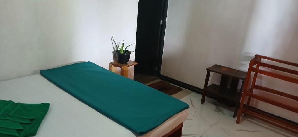 A room with a bed, a small wooden stool with a potted plant, a wooden chair, and a small table.