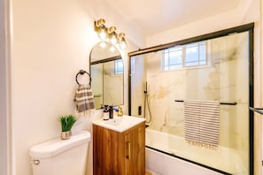 Hair dryer, towels, soap, toilet paper
