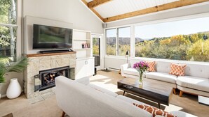 A modern living room with a fireplace, a flat-screen TV, a sofa, and a view of a forested landscape.