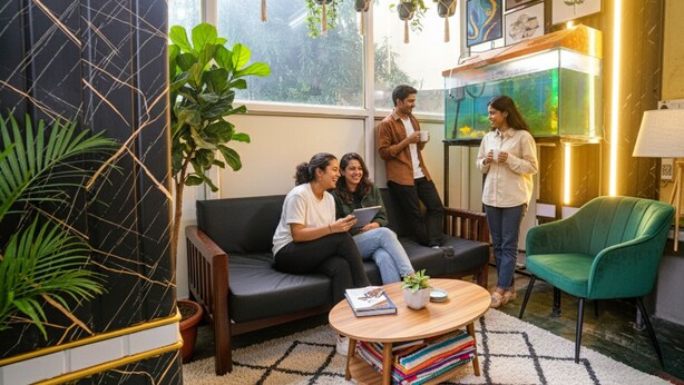 A modern living room with a sofa, a coffee table, and a green armchair. There are hanging plants and a fish tank in the background. - Fabhotel Galaxy Grand (Panvel)