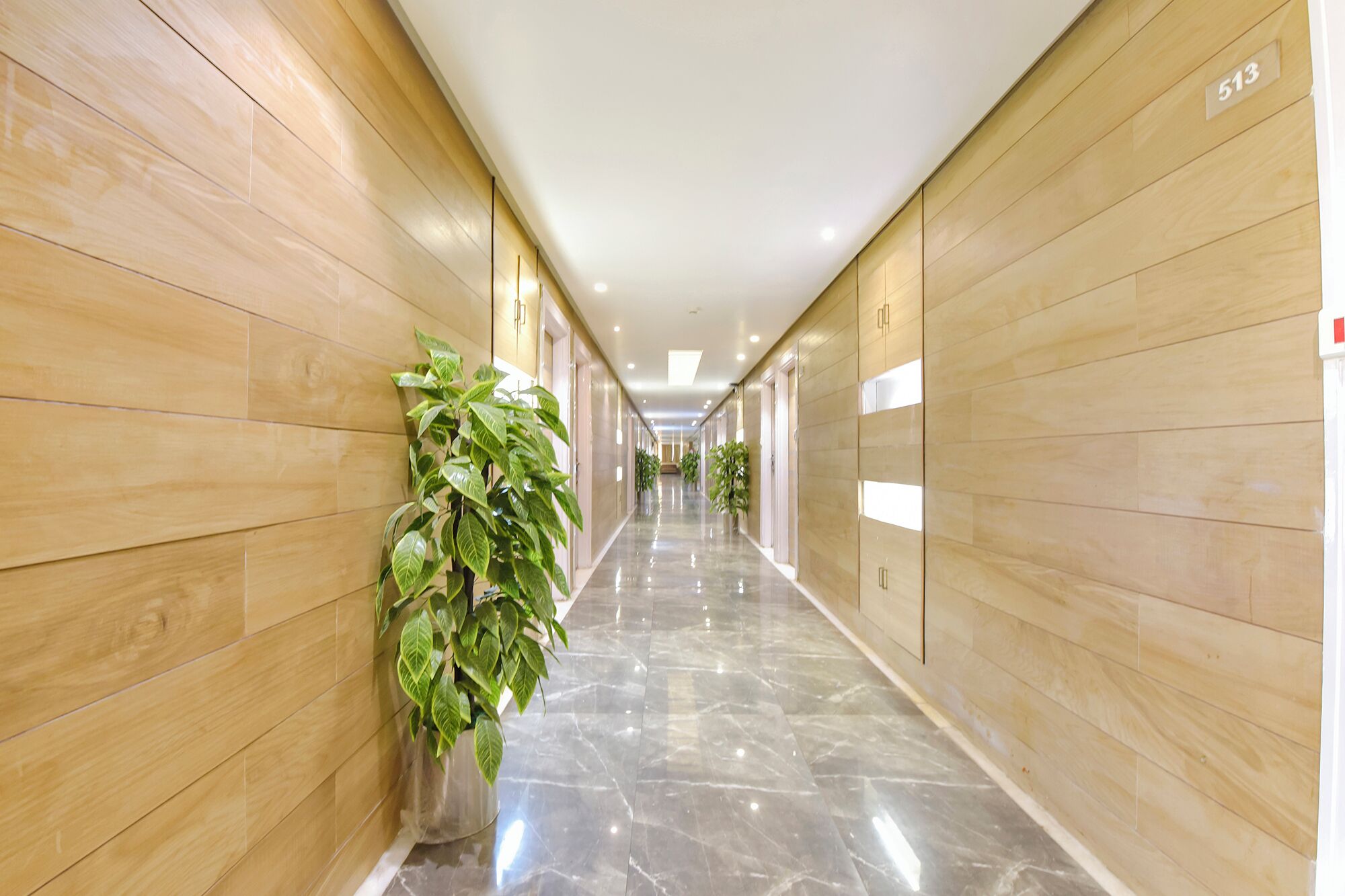A long, well-lit hallway with wooden paneling and marble flooring, leading to a door marked with the number 513.