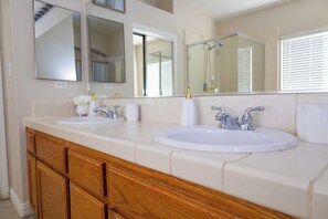 Jetted tub, hair dryer, towels, soap