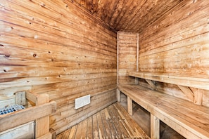 A wooden sauna with benches and a ventilation system.