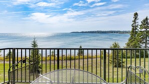 A balcony with a view of a lake and distant trees. - Majestic Lake Views | 1BR w/King Suite | Pools (Two Harbors)