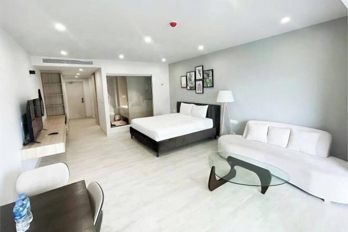 Desk, blackout curtains, soundproofing, iron/ironing board