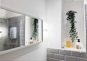 Un baño con cabina de ducha de vidrio, un espejo, un estante con artículos de aseo y una planta colgante.