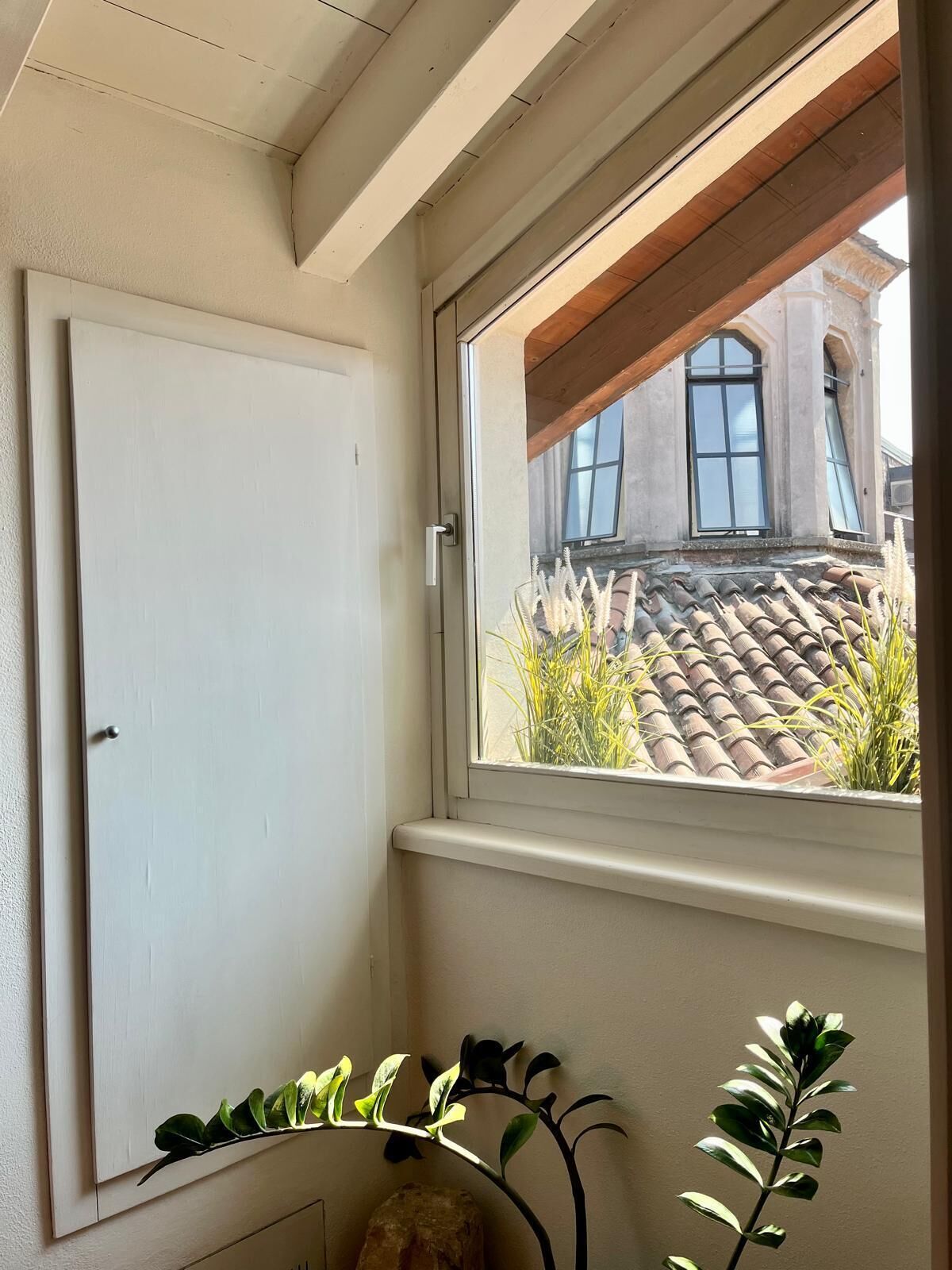 Ein Zimmer mit Fenster und Blick auf einen Innenhof, einer weißen Tür und zwei Kübelpflanzen.