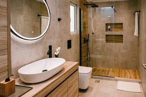 Hair dryer, towels, soap, toilet paper