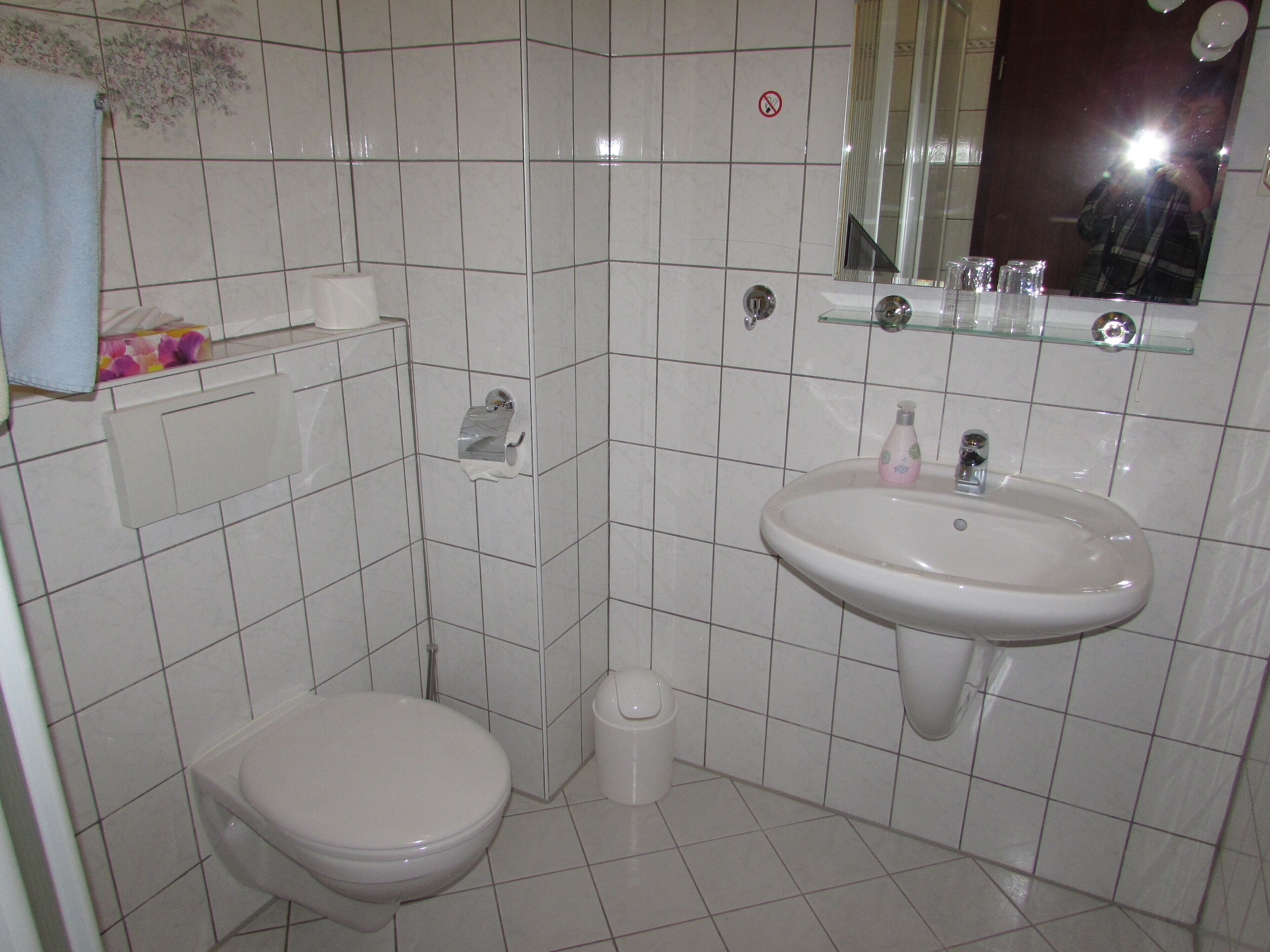 A small bathroom with a toilet, sink, and mirror.