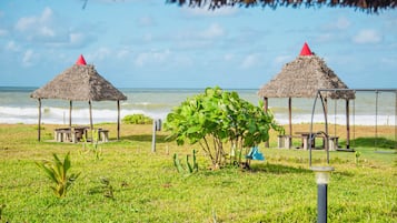 Une plage avec deux constructions à toits de chaume, une zone herbeuse et l’océan en arrière-plan.
