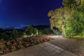 Vista noturna de uma área ajardinada com um caminho pavimentado, uma árvore com flores vermelhas e um horizonte urbano ao longe.