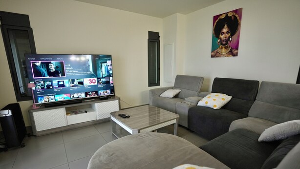 Una sala de estar con televisor de pantalla plana, sofás grises, una mesa de centro y un cuadro colgado en la pared.