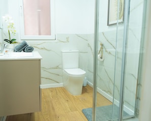 Shower, hair dryer, towels, soap