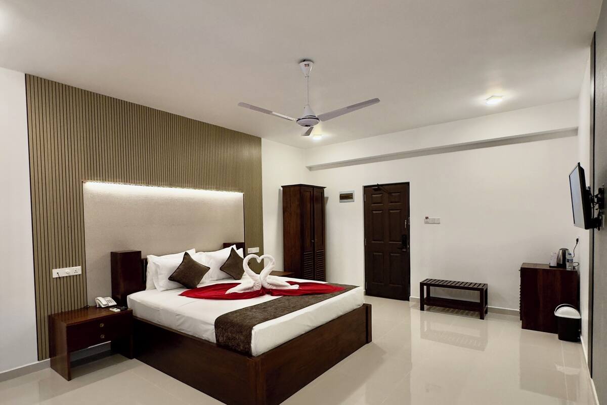 A modern bedroom with a large bed, a ceiling fan, a bedside table, a wardrobe, and a TV mounted on the wall.