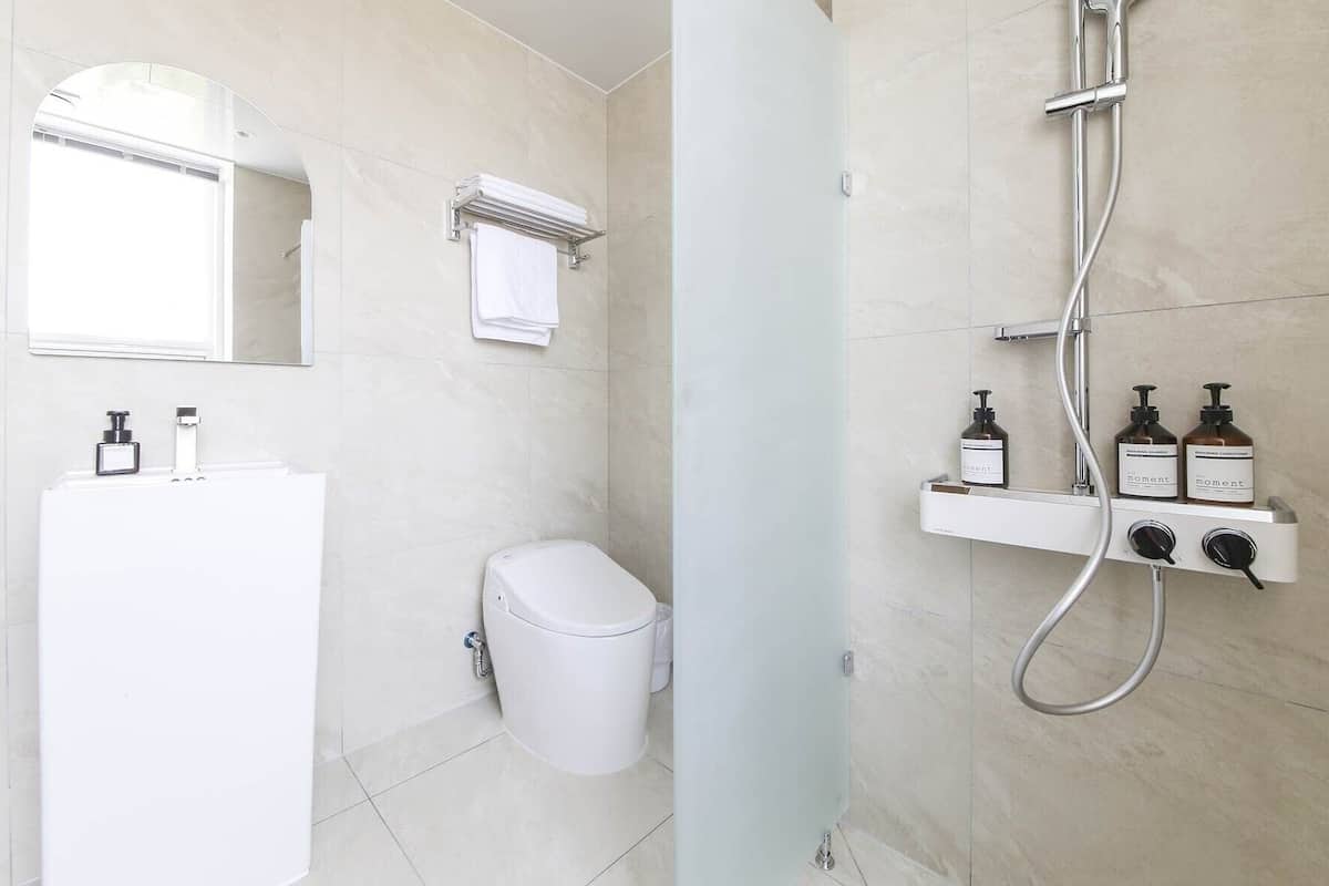 A modern bathroom with a white sink, a toilet, a shower with a handheld showerhead, and a shelf with toiletries.
