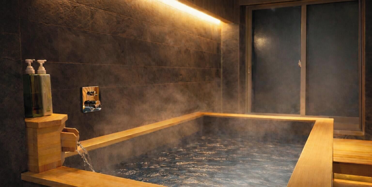 A hot tub with steam, wooden benches, and a wall-mounted pump.